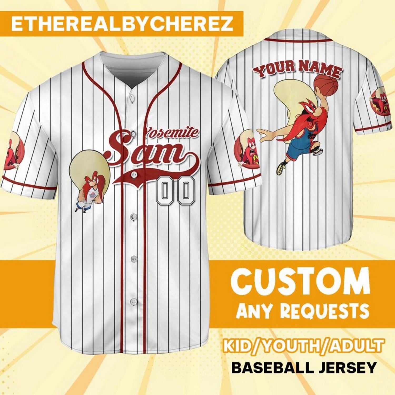 Custom Name Sporty Yosemite Sam Jersey Red White Baseball Jersey T-Shirts, Hoodie, Sweatshirt | WearSparks.com (Image 1)