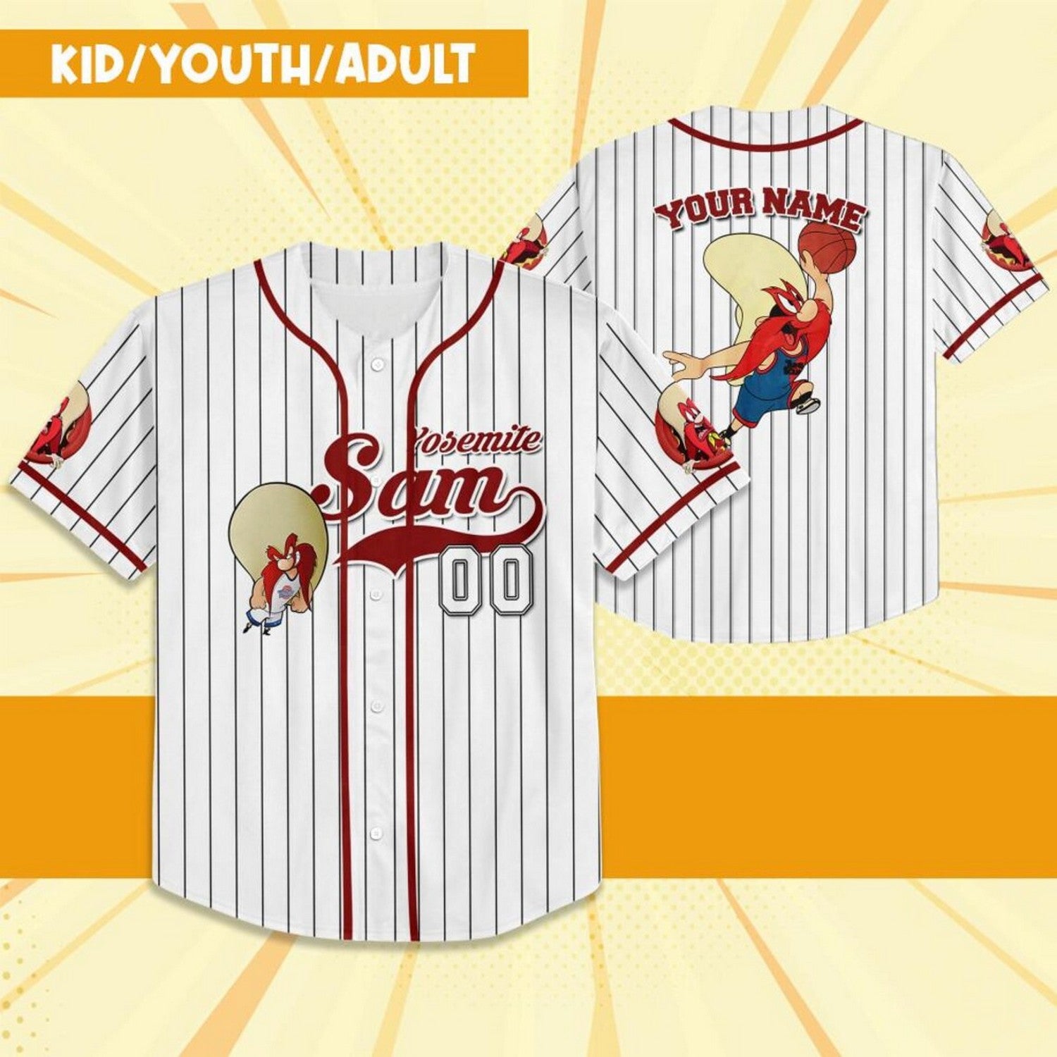 Custom Name Sporty Yosemite Sam Jersey Red White Baseball Jersey T-Shirts, Hoodie, Sweatshirt | WearSparks.com (Image 2)