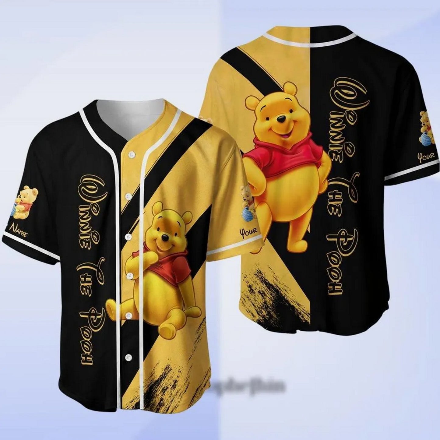 Custom Name Winnie The Pooh Yellow Black Baseball Jersey T-Shirts, Hoodie, Sweatshirt | WearSparks.com