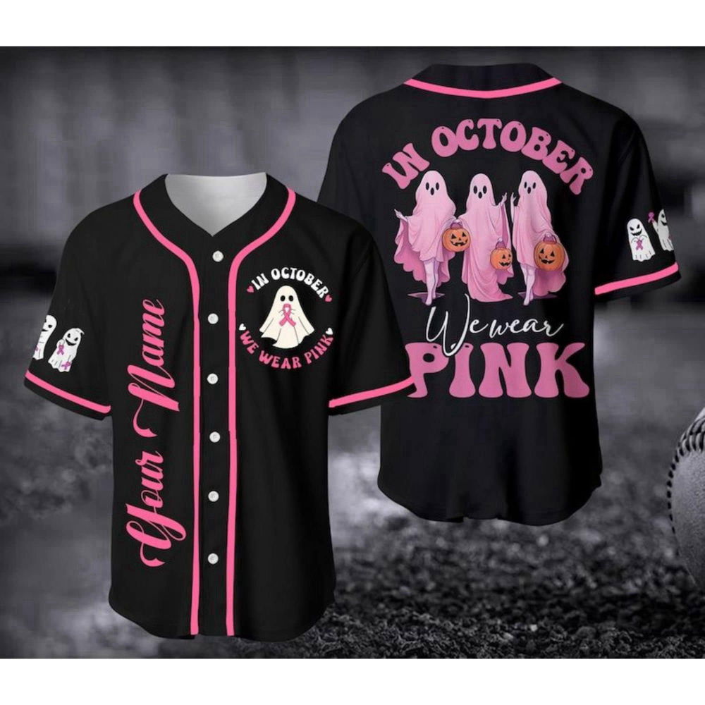Custom Pink Baseball Jersey: Cancer Support Shirt for Halloween & Christmas (Image 1)
