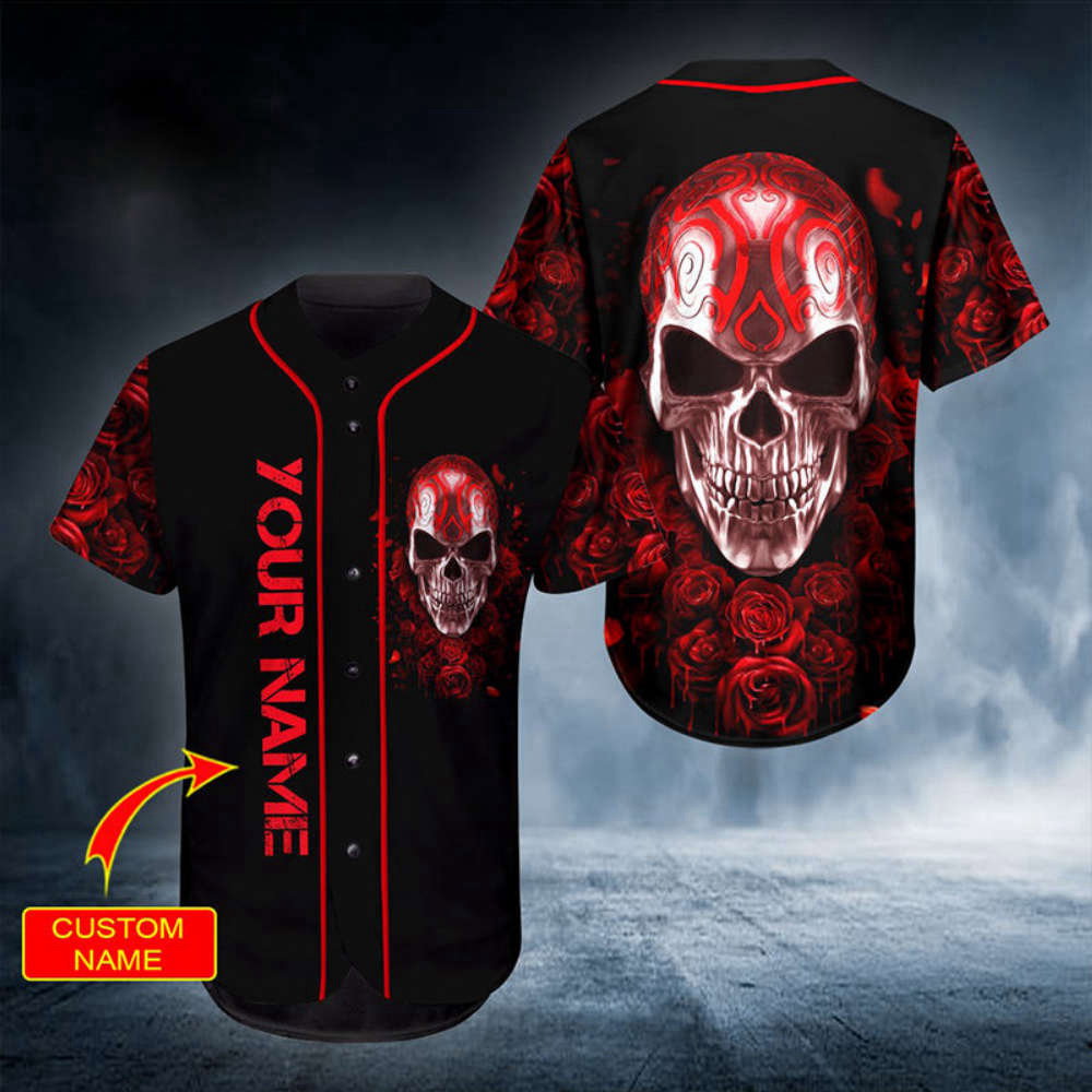 Customizable Silver Skull Baseball Jersey with Personalized Head Rose Design