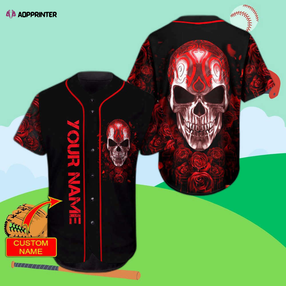 Customizable Silver Skull Baseball Jersey with Personalized Head Rose Design