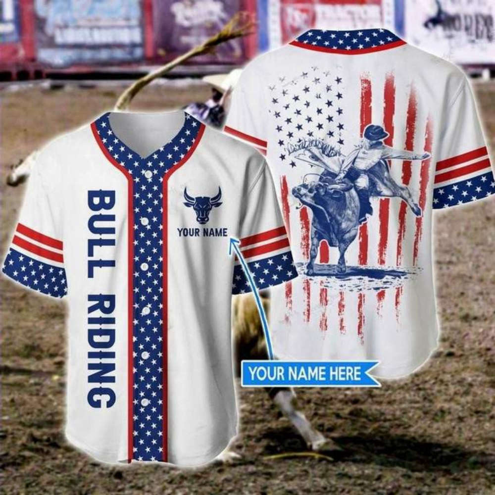 Customized Bull Riding Flag Baseball Jersey – Show Your American Pride!