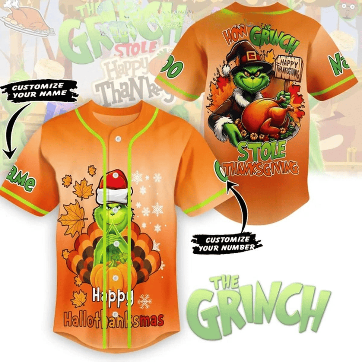 Customized Happy Halloween Thanksmas Grinch Orange Baseball Jersey T-Shirts, Hoodie, Sweatshirt | WearSparks.com