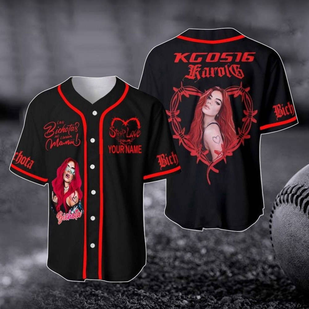 Customized Karol G Red Hair Baseball Jersey - Strip Love Tour Shirt Music Baseball Shirt - Gift For Fan (Image 1)
