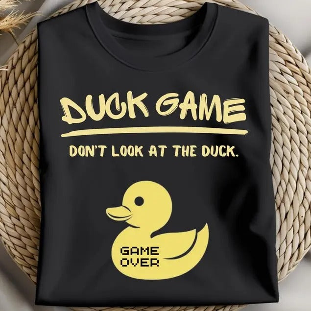 dUCK Game Don't Look At The dUCK Funny Chicken T-Shirt - Short Sleeve Crew Neck Tee with Playful Graphic Pattern for...