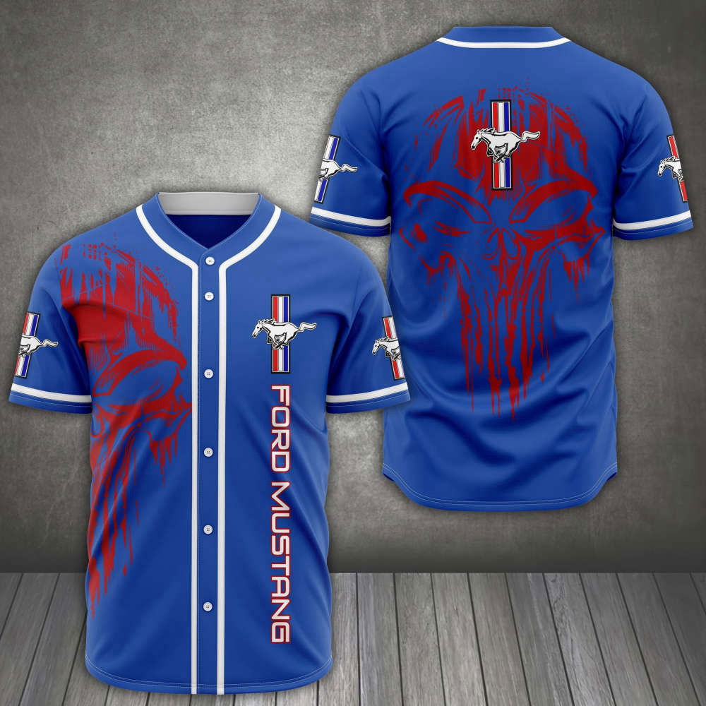 Ford Mustang Red Skull Blue Baseball Jersey: Bold & Stylish Mustang-themed Apparel - Aopprinter T-Shirts,... (Image 2)