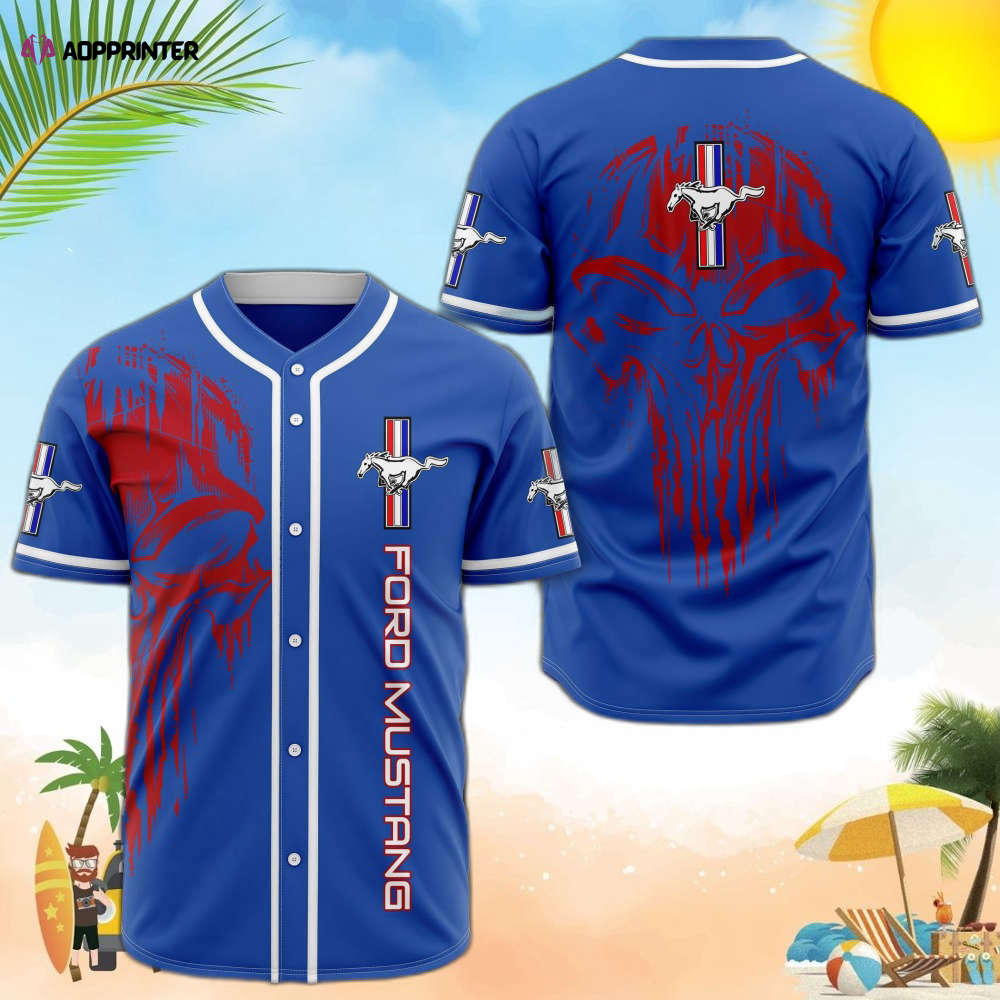 Ford Mustang Red Skull Blue Baseball Jersey: Bold & Stylish Mustang-themed Apparel - Aopprinter T-Shirts,... (Image 1)
