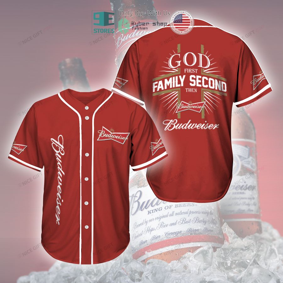 BEST God First Family Second Then Budweiser red Baseball Jersey