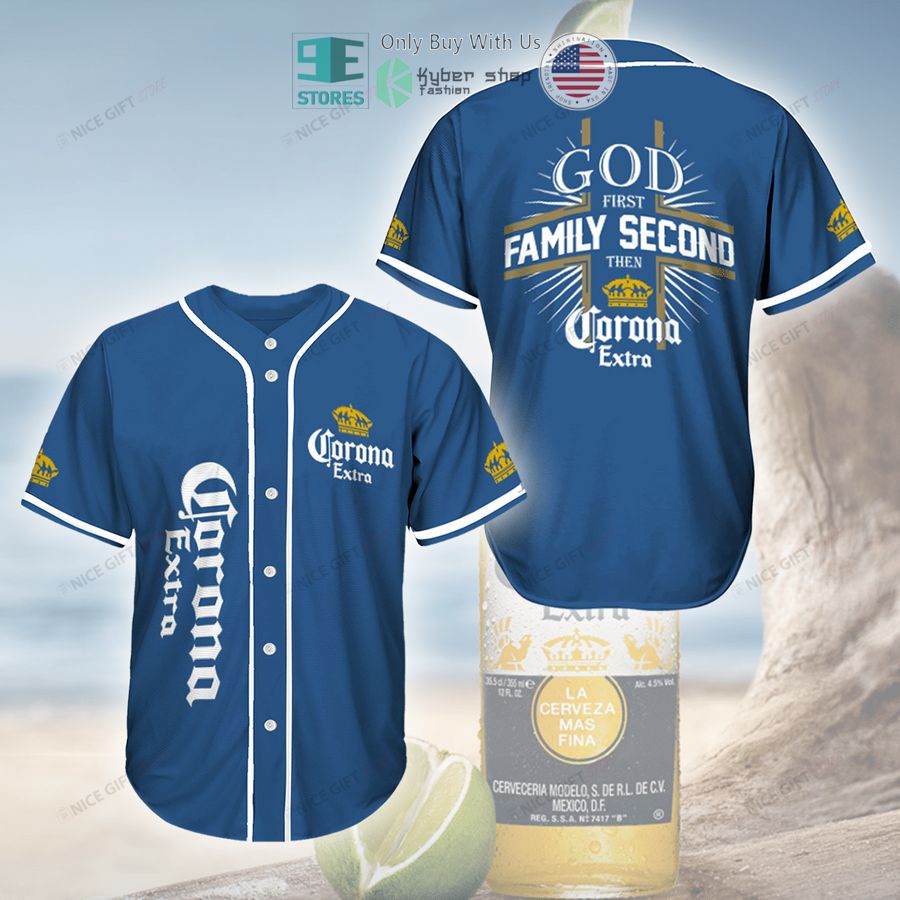 BEST God First Family Second Then Corona Extra blue Baseball Jersey