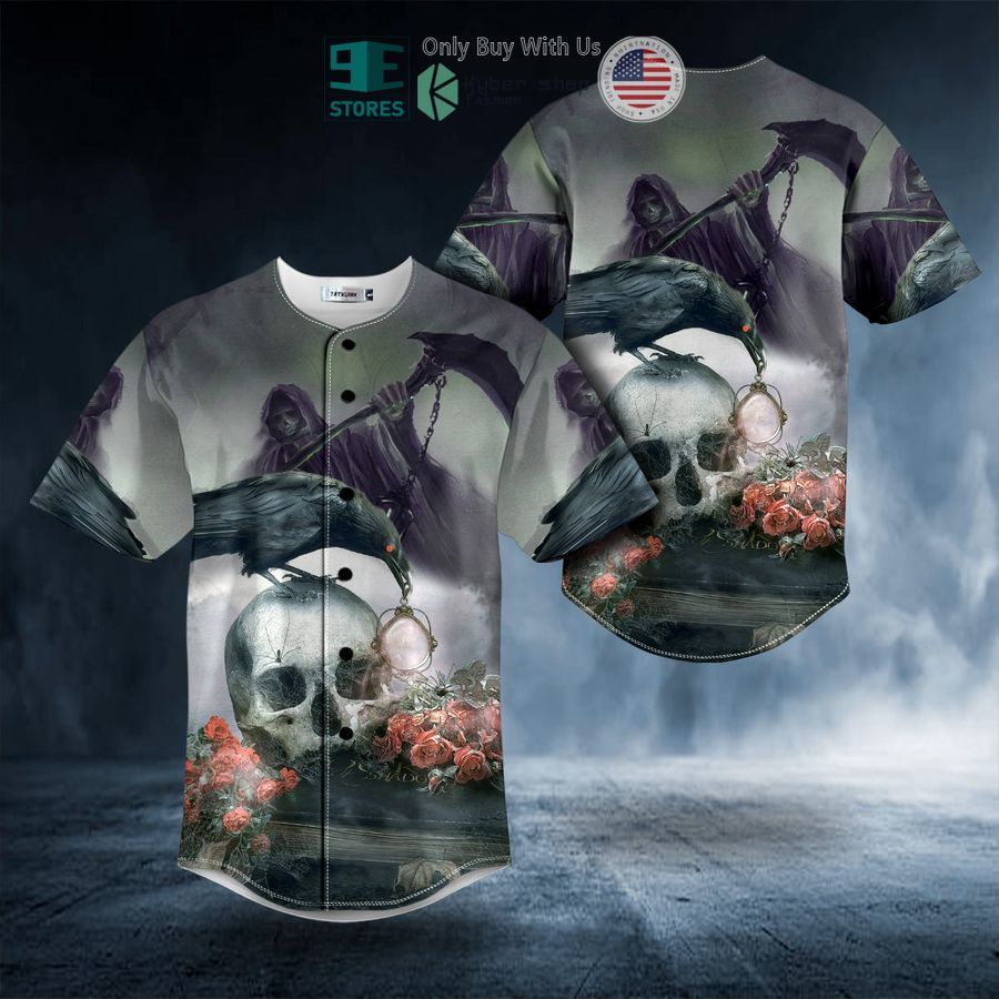 BEST Goth Grim Reaper Raven Rose Skull Baseball Jersey