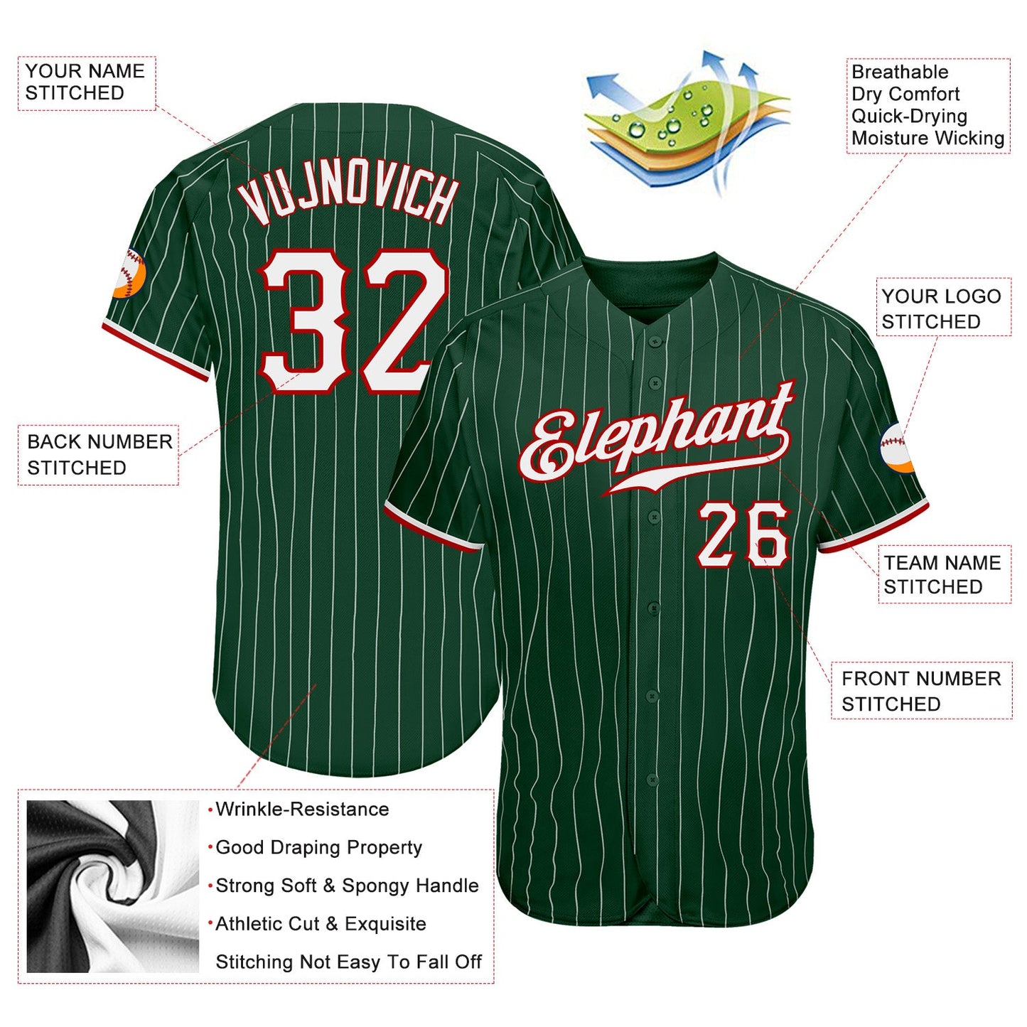 Custom Green White Pinstripe White-Red Authentic Baseball Jersey T-Shirts, Hoodie, Sweatshirt | WearSparks.com (Image 3)