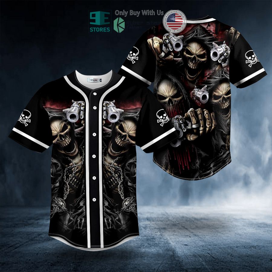 BEST Grim Reaper Fire Gun Skull Baseball Shirt
