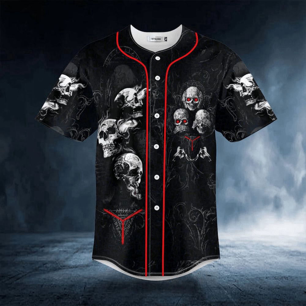 Hear See Speak No Evil Skull Baseball Jersey Men's Baseball Jersey For Men Women - lylyprint.com T-Shirts,... (Image 2)