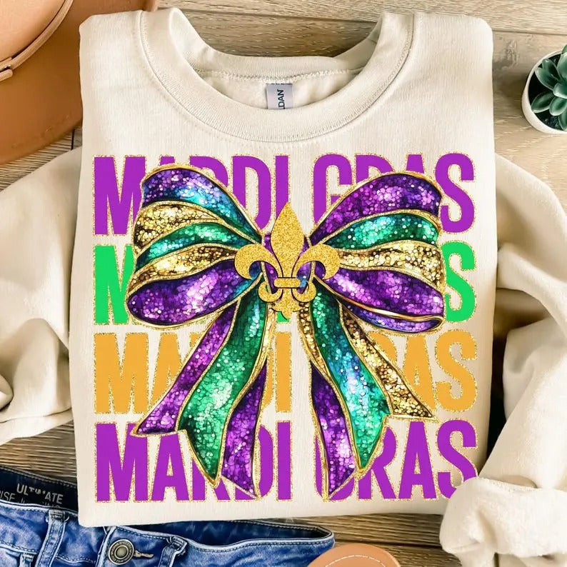 Glitter Mardi Gras Coquette Bow Shirt/sweatshirt/hoodie, Mardi Gras hoodie, Mardi Beads Louisiana Festival Shirt, New...