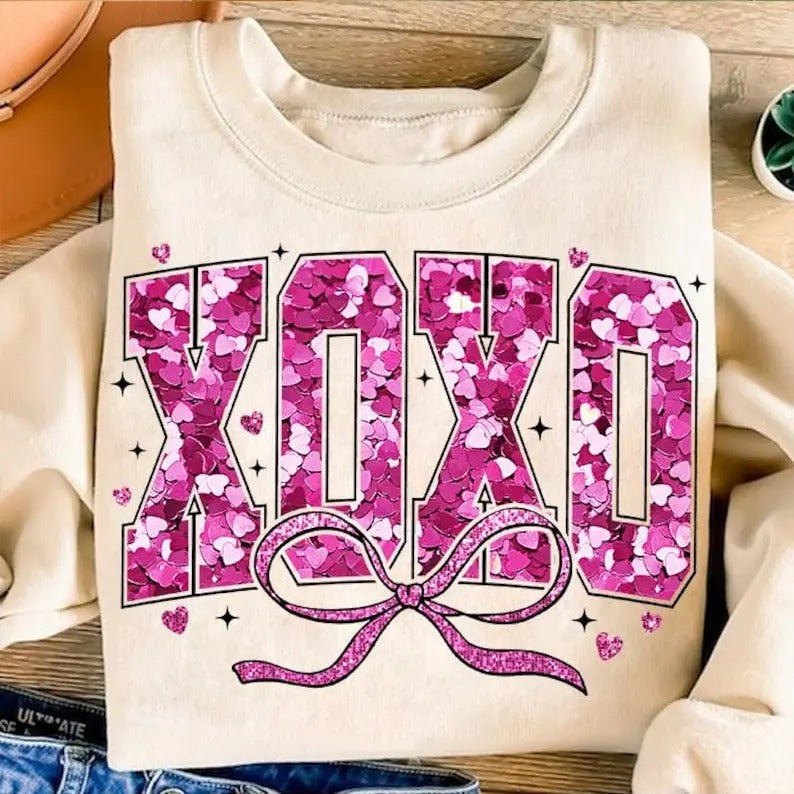 Valentine XOXO Coquette Sparkly Glitter Shirt/sweatshirt/hoodie, Valentines Day Shirt, Valentines Day sweatshirt, Xoxo...