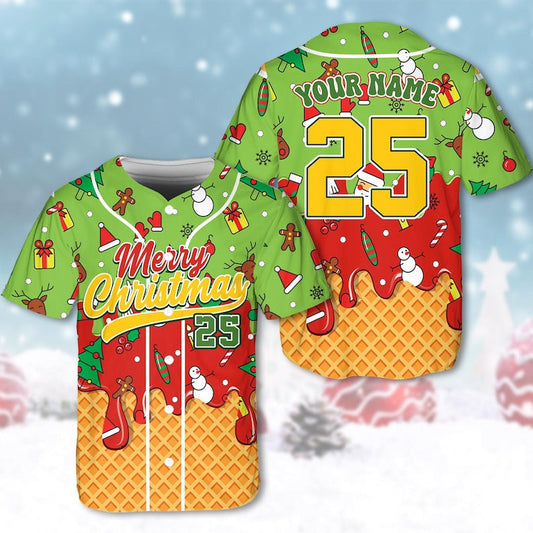 Custom Christmas Xmas Baseball Jersey, Personalized Name Number Shirt, Merry Family Xmas Shirt Gift Snowman Gingerbread Adult Kid Youth