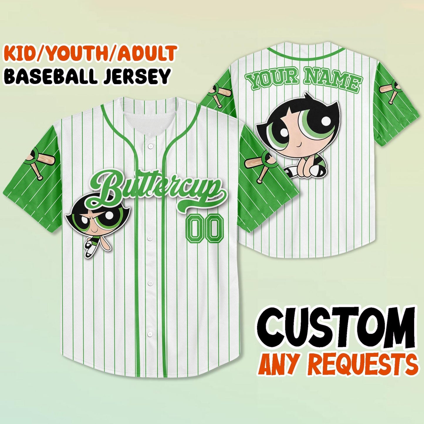 Custom Buttercup Baseball Jersey, Kid Youth Adult Jersey, Personalized Name Number Shirt, Power Cartoon Team... (Image 1)