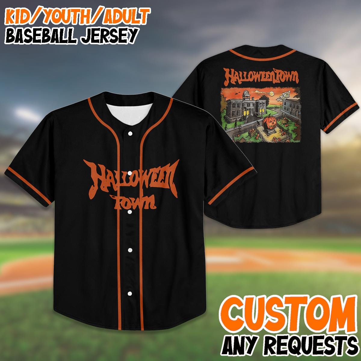 Halloween Town Baseball Jersey, Custom Halloween Shirt, Kid Youth Adult Jersey, Spooky Matching Outfit, Trick... (Image 1)
