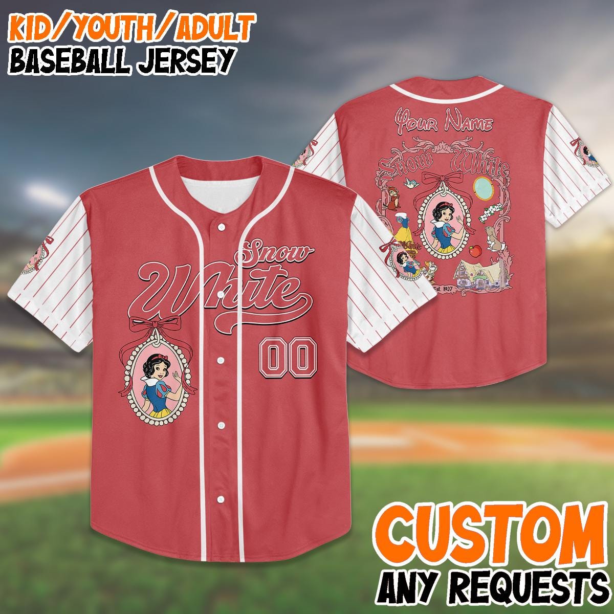 Custom Snow White Baseball Jersey, Personalized Birthday Shirt, Princess Party Outfit, Kid Youth Adult Sizes,... (Image 1)