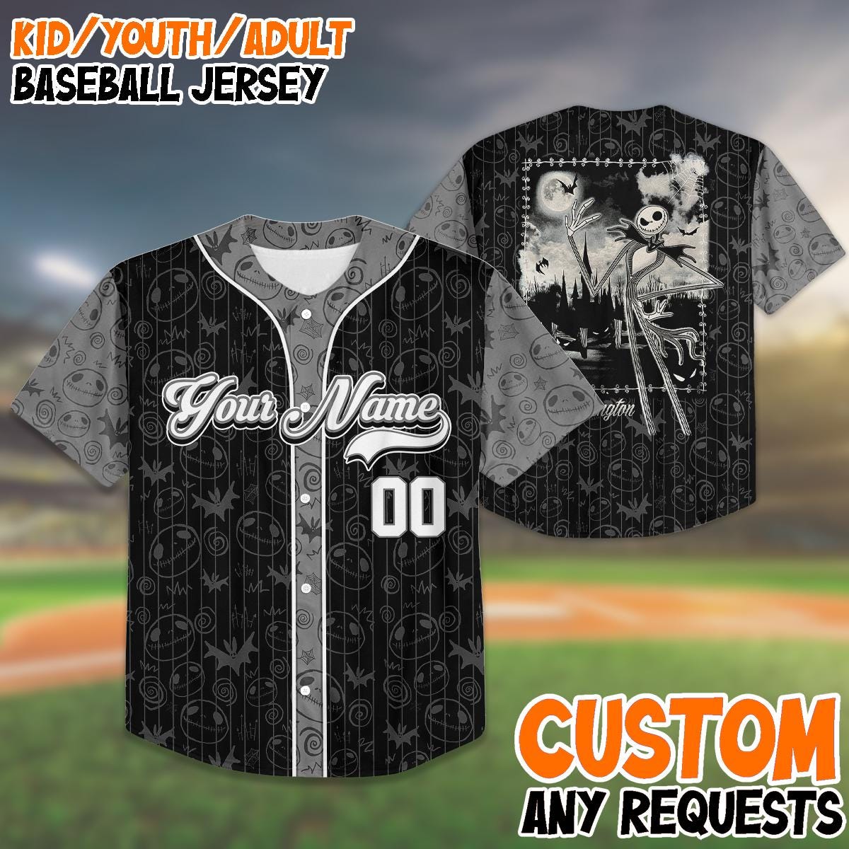 Custom Jack Skellington Baseball Jersey, Team Up Matching Outfit, Halloween Shirt, Personalized Name Number,... (Image 1)