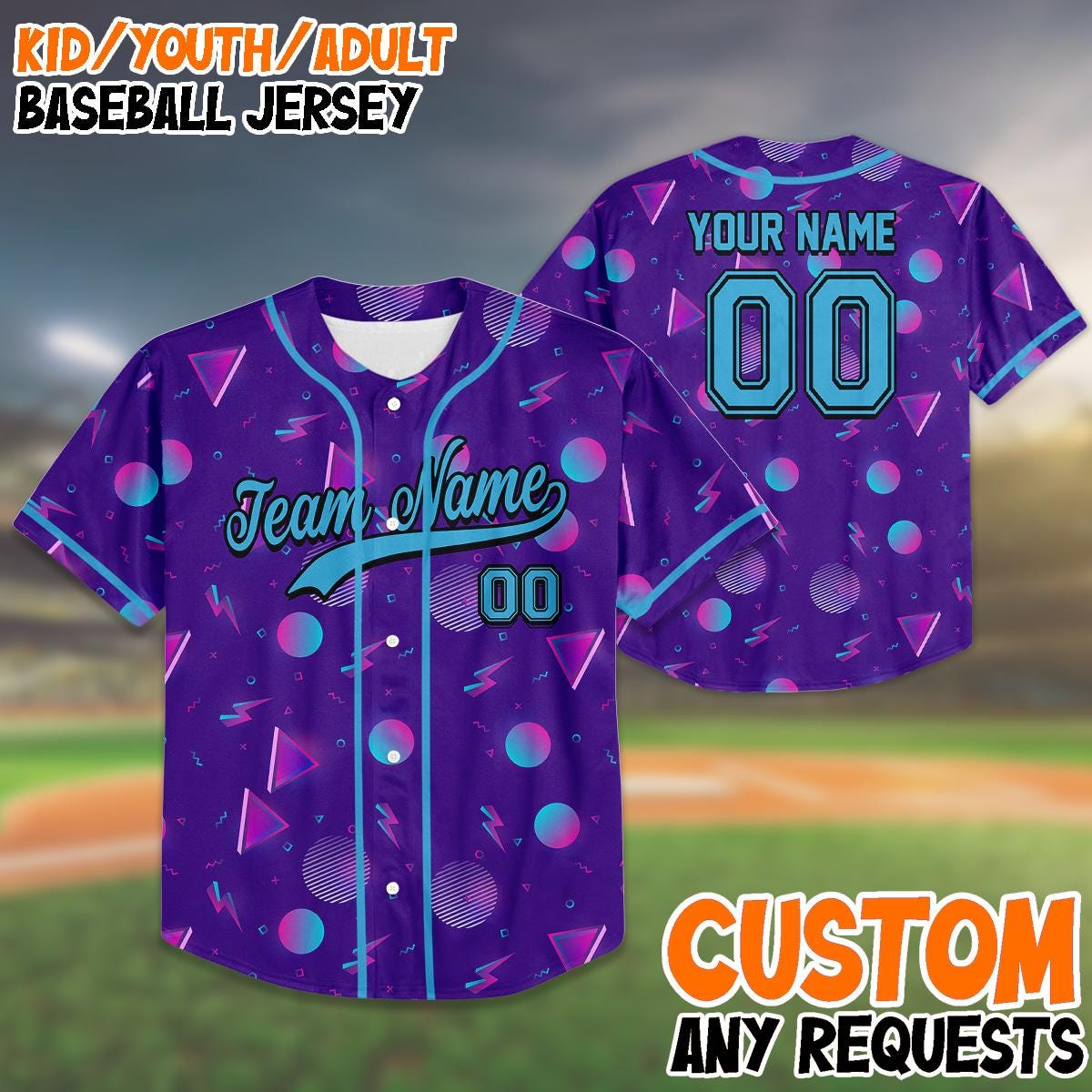 Custom Birthday Baseball Jersey for Kids and Adults, 90s Style Personalized Gift, Retro Neon Pattern, Team Name... (Image 1)