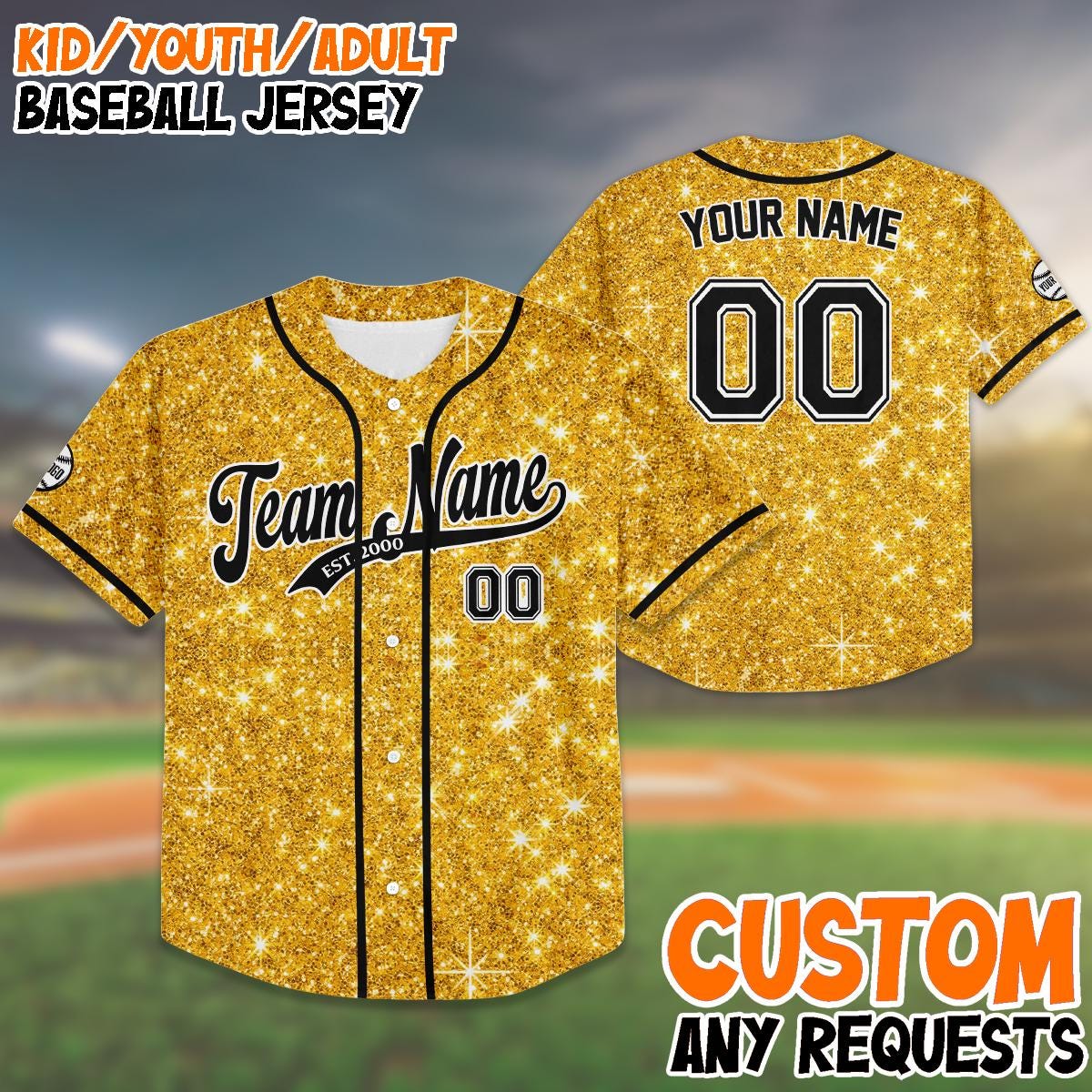 Custom Gold Glitter Baseball Jersey, Personalized Name And Number Shirt, Sparkly Jersey for Kids And Adults,... (Image 1)