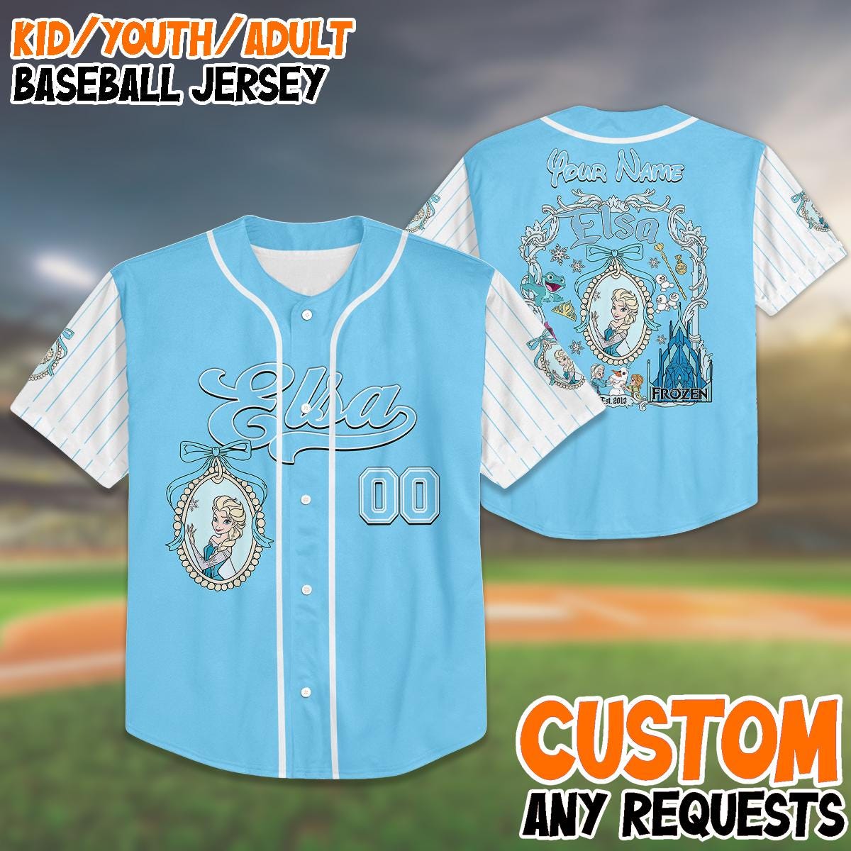 Custom Frozen Elsa Baseball Jersey, Personalized Kid Girl Birthday Shirt, Frozen Elsa Jersey, Family Vacation... (Image 1)