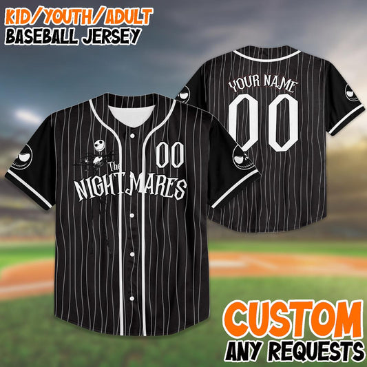 Custom Birthday Baseball Jersey, Jack Skellington Pinstripe Shirt, Personalized Name Number, Spooky Birthday... (Image 1)