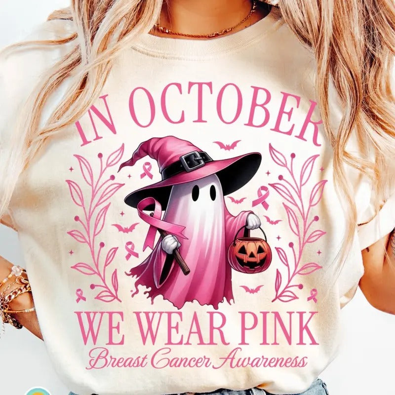 in October We Wear Pink Shirts Women Halloween Pink Graphic Breast Cancer Short Sleeve Fall Tee Hoodie, Sweatshirt