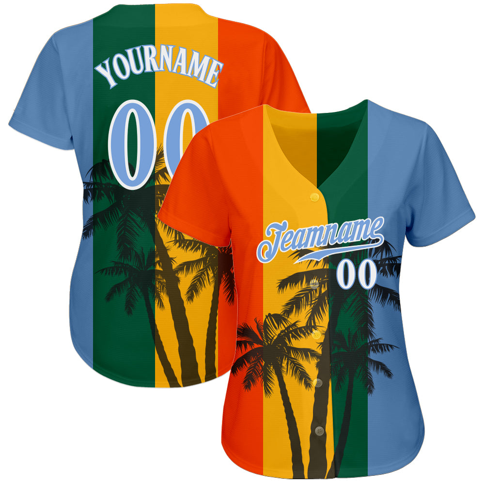 Custom Kelly Green Light Blue-White 3D Pattern Design Hawaii Coconut Trees Authentic Baseball Jersey T-Shirts,... (Image 2)