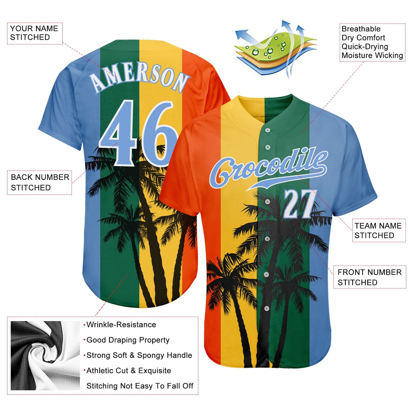 Custom Kelly Green Light Blue-White 3D Pattern Design Hawaii Coconut Trees Authentic Baseball Jersey T-Shirts,... (Image 3)