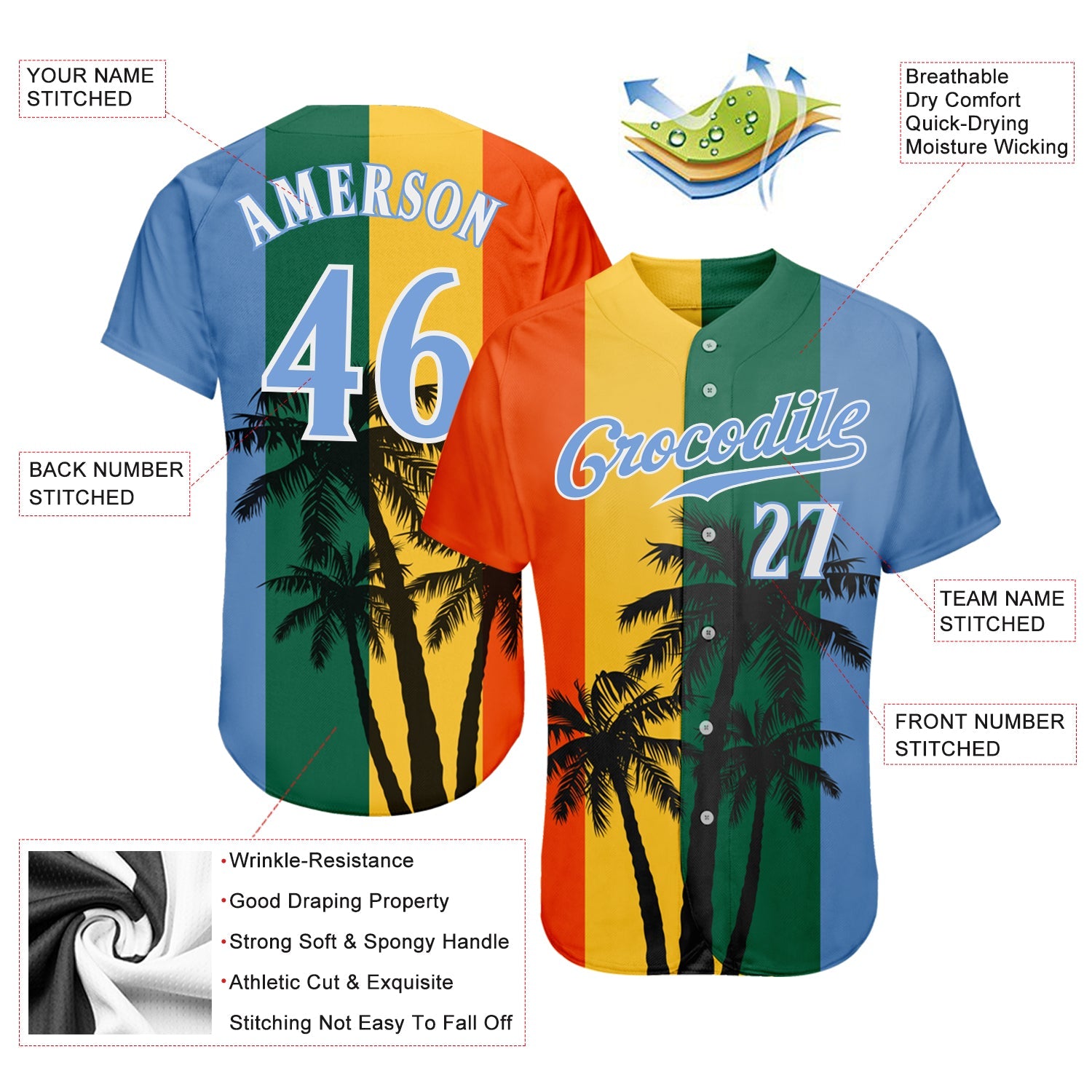 Custom Kelly Green Light Blue-White 3D Pattern Design Hawaii Coconut Trees Authentic Baseball Jersey T-Shirts,... (Image 3)
