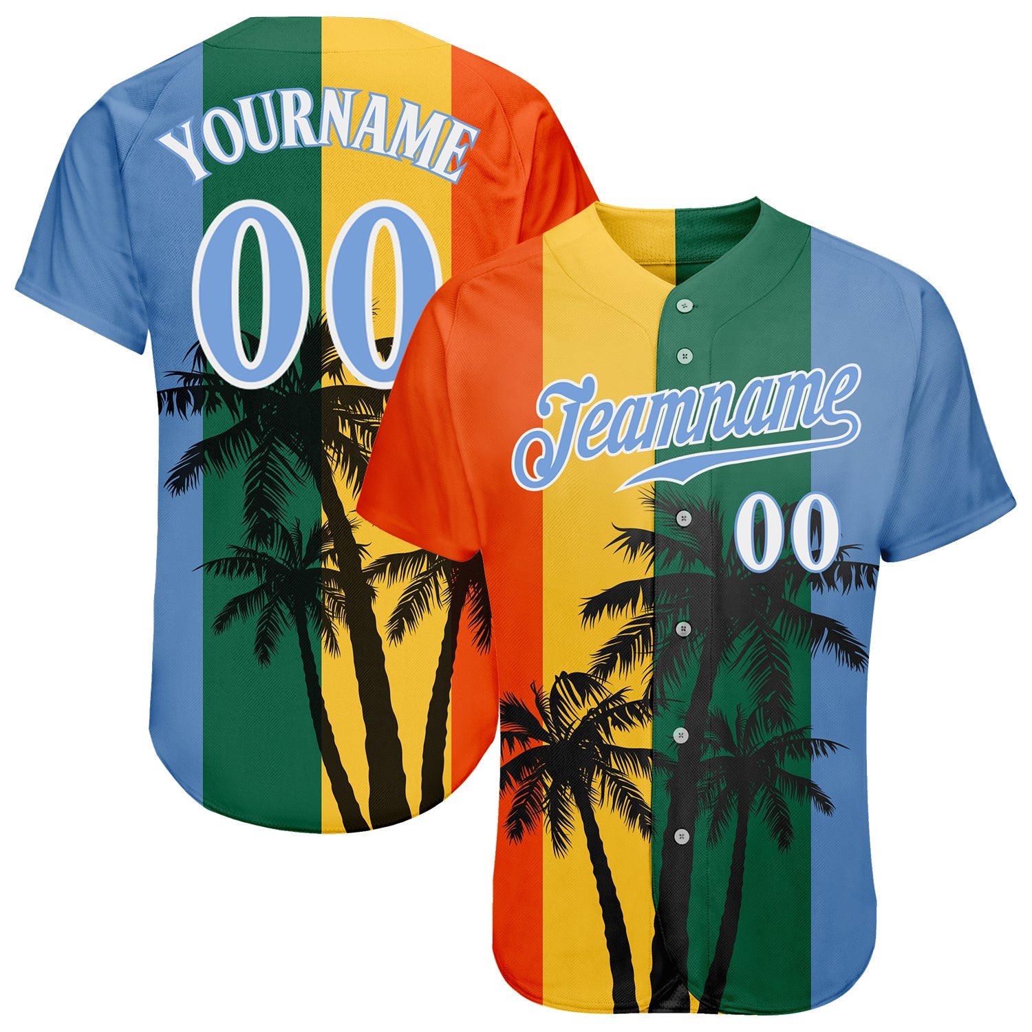 Custom Kelly Green Light Blue-White 3D Pattern Design Hawaii Coconut Trees Authentic Baseball Jersey T-Shirts,... (Image 1)