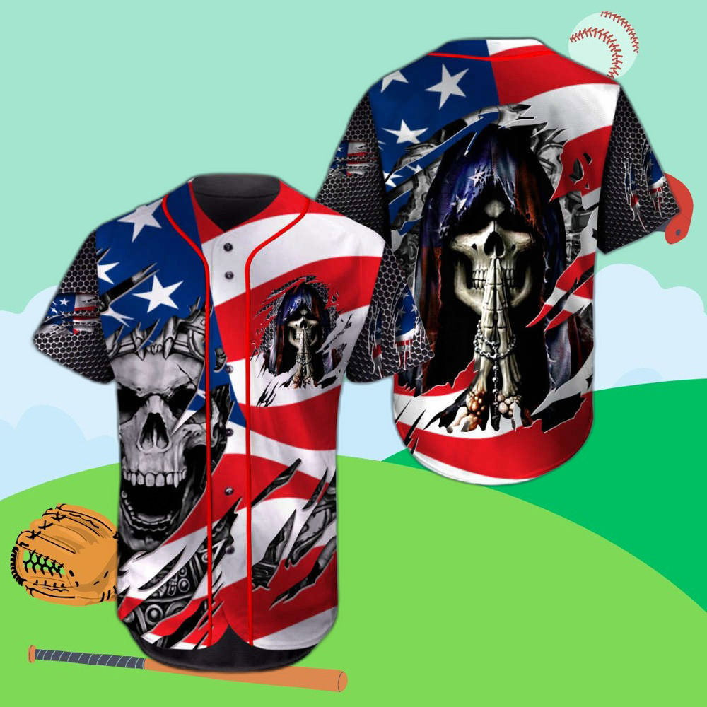King Pray USA Flag Skull Baseball Jersey: Unique Stylish & Patriotic Apparel