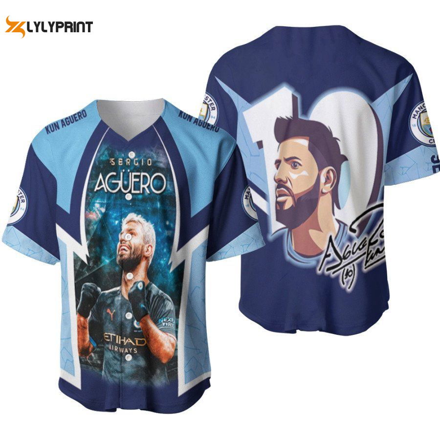 Kun Aguero 10 Champion Moment Manchester City Team Designed Allover Gift For Aguero Fans Baseball Jersey Gifts... (Image 1)