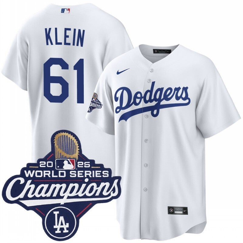 los angeles dodgers #61 will klein home 2025 world series champions jersey