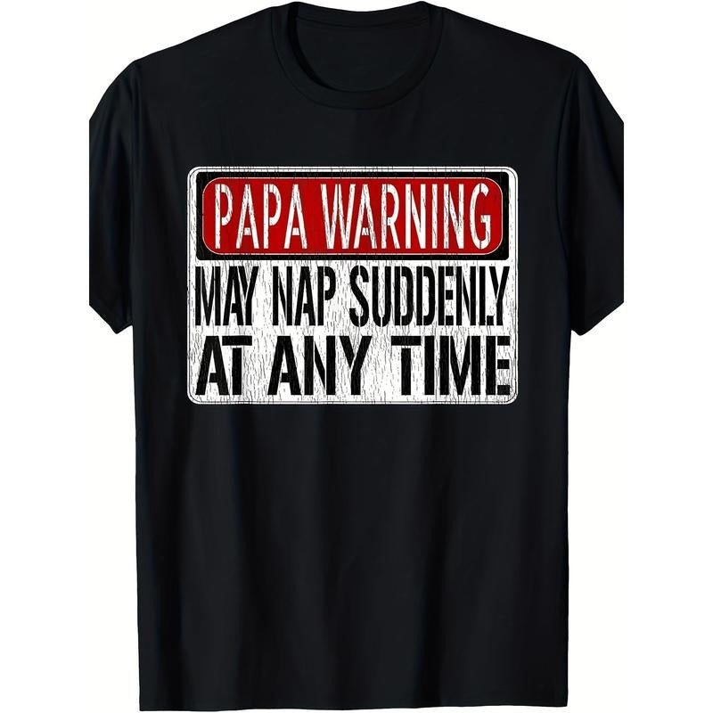 1pc Boho Style Men'S Casual Cotton T-Shirt with "Papa Warning - May Nap Suddenly At Any Time" Print, Crew Neck, Knit...