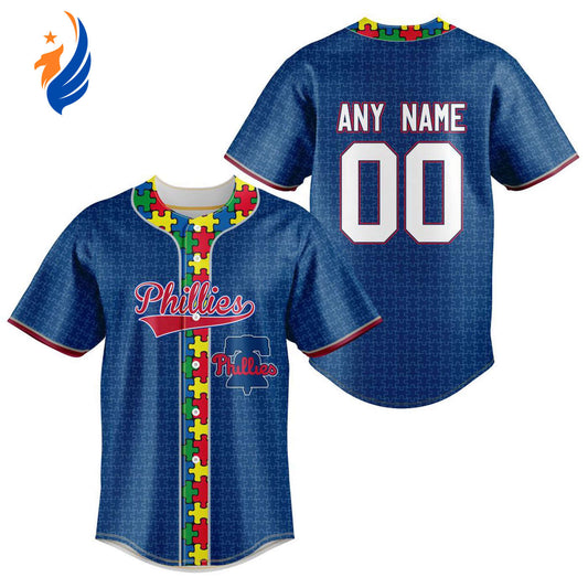 MLB Philadelphia Phillies Specialized Baseball Jersey Fearless Aganst Autism Gift for Men Women - Bafud... (Image 1)