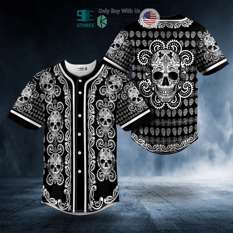 BEST Paisley Pattern Of White Sugar Skull Head Baseball Shirt