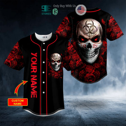 BEST Personalized 2021 Red Biohazard Lockdown Rose Skull Custom Baseball Shirt