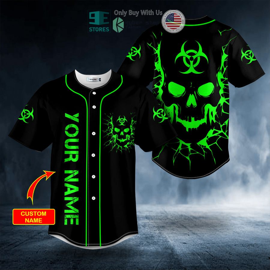 BEST Personalized Biohazard Symbol Green Flame Skull Custom Baseball Shirt