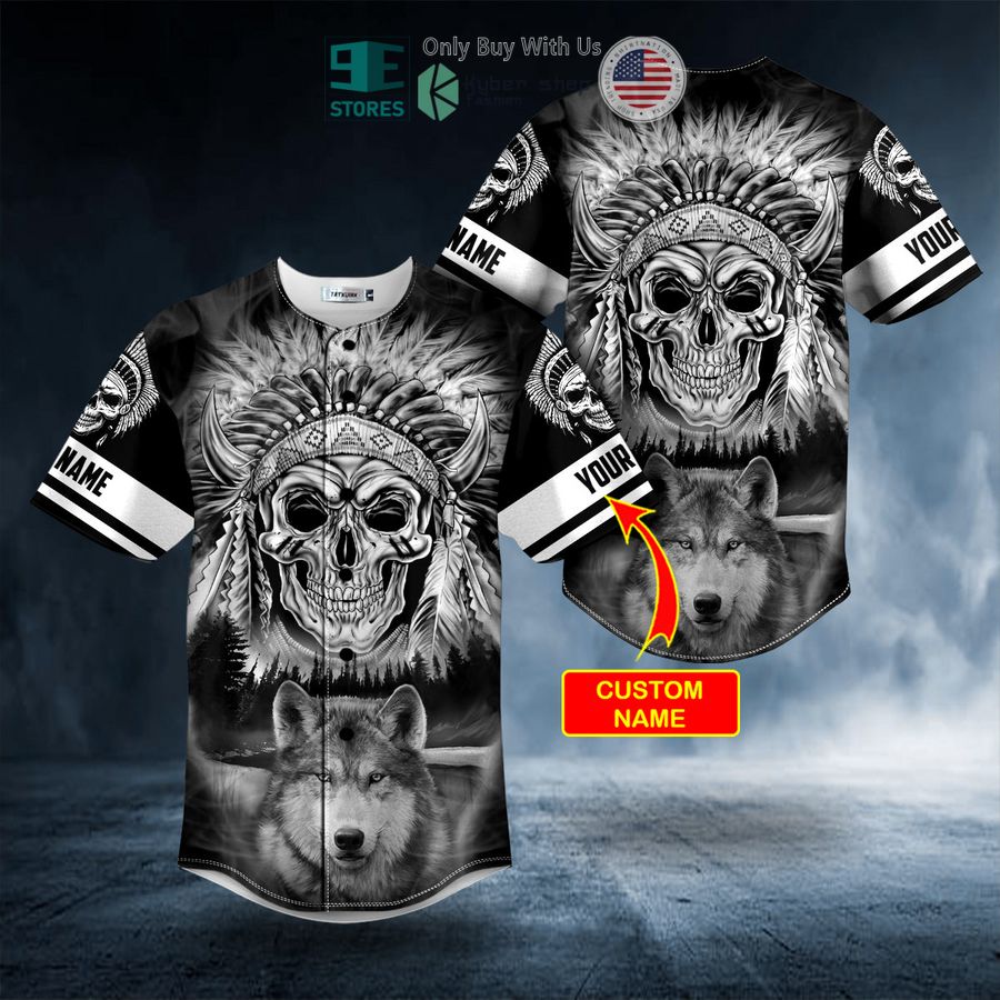 BEST Personalized Black White Wolf N Native Skull Custom Baseball Jersey