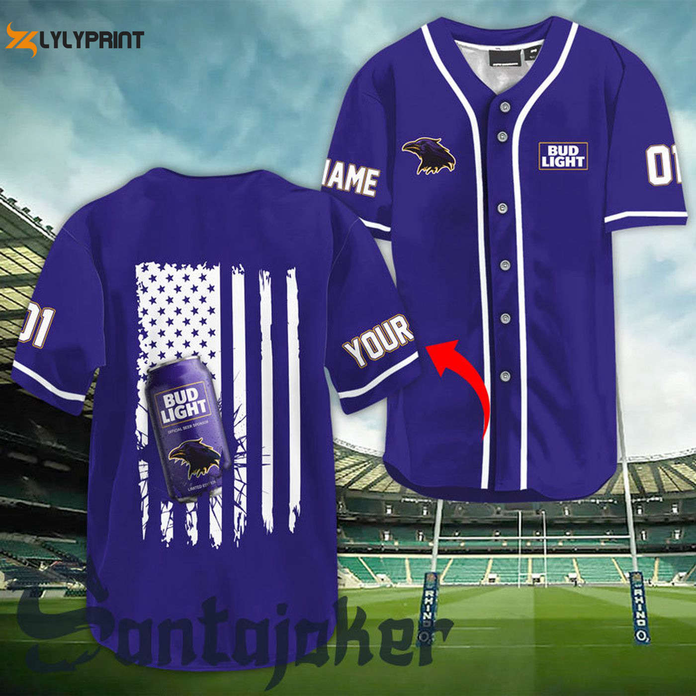 Personalized Bud Light Raven American Flag Baseball Jersey - Gift for Men Women - Gift for Men Women -... (Image 1)