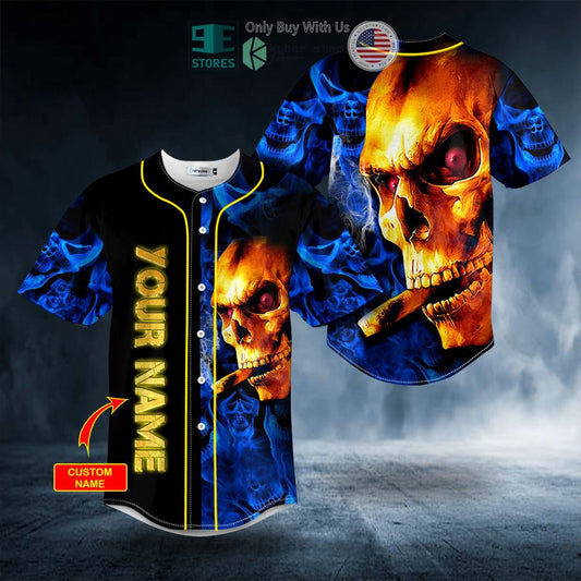 BEST Personalized Golden Smoking Blue Smoke Skull Custom Baseball Shirt
