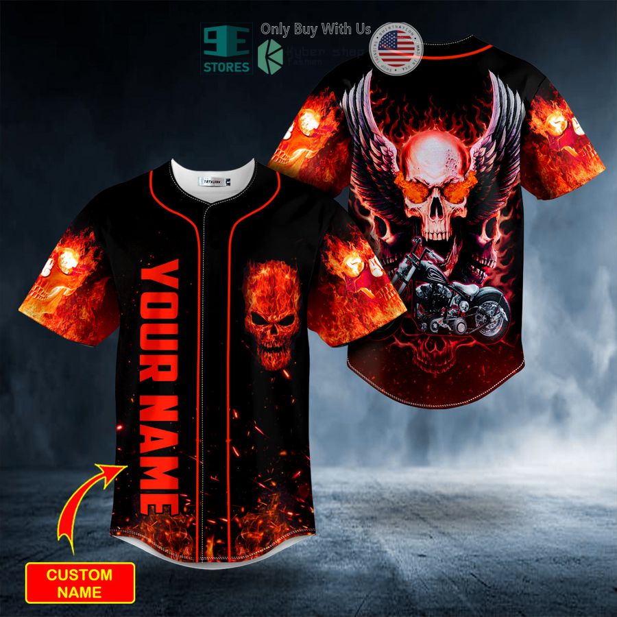 BEST Personalized Motorcycle Winged Fire Skull Custom Baseball Jersey