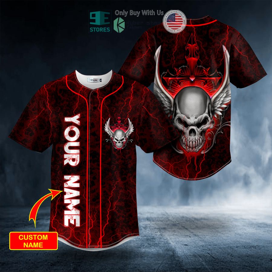 BEST Personalized Red Winged Fire Skull Custom Baseball Jersey