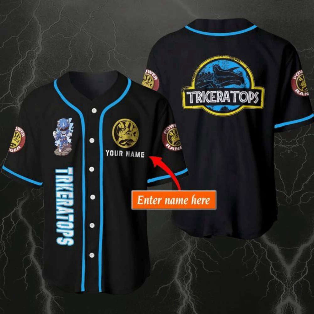 Personalized Triceratops Blue Superman Baseball Jersey