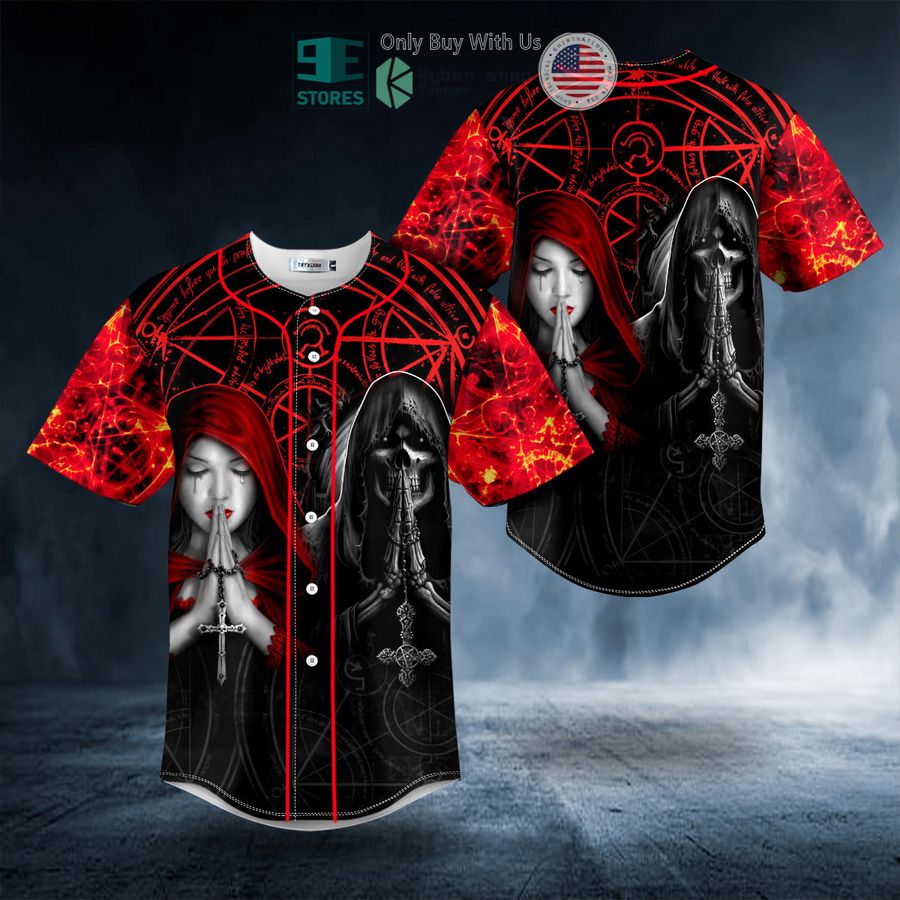 BEST Praying Beauty N Reaper Skull Baseball Shirt