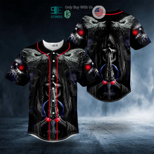 BEST Red Neckline Werewolves Viking Reaper Prayer Skull Baseball Shirt